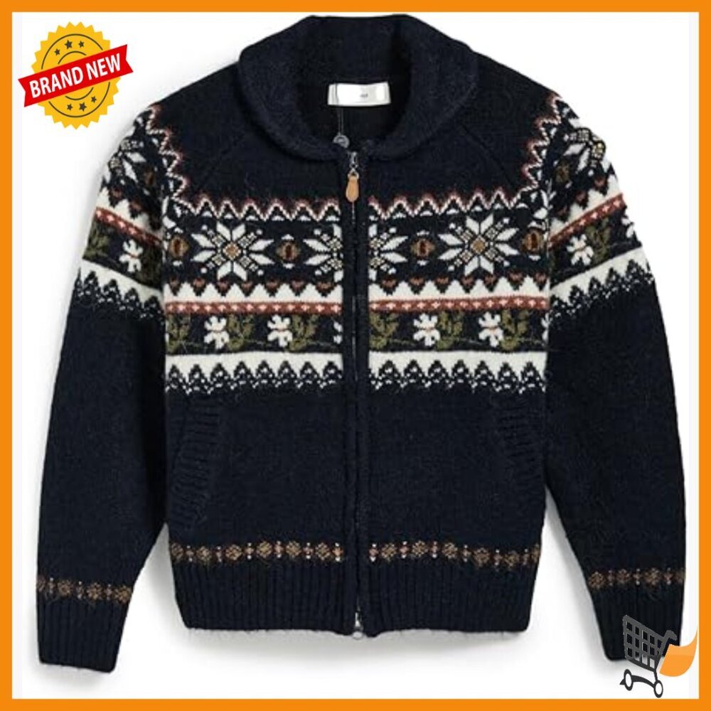 Mid-Weight Intarsia Knit Cardigan with Floral Geometric Pattern